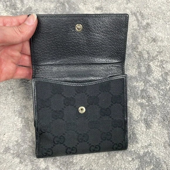 Gucci Monogram GG Canvas Leather Snap Compact Wallet Black - Picture 8 of 17